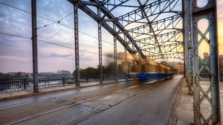 tram on a bridge in long exposure hdr - tracks, long exposure, bridge, tram, hdr