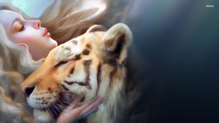 tiger love - blonde, tiger, woman, cat