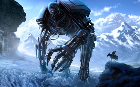 robot warrior - warrior, horse, robot, mountain, man, snow