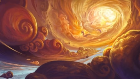 Dragon realm - sky, fantasy, heaven, art, yellow, cloud, luminos, dragon, orange