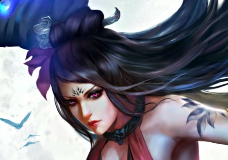 Warrior girl - pink, beauty, game, brunette, girl, blue, white, warrior, fantasy, amethyst eyes, tattoo, asian