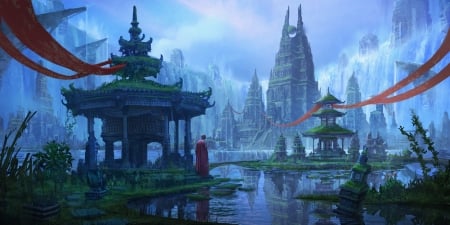 Monk - red, water, temple, game, blue, art, monk, fantasy, asian, man, green