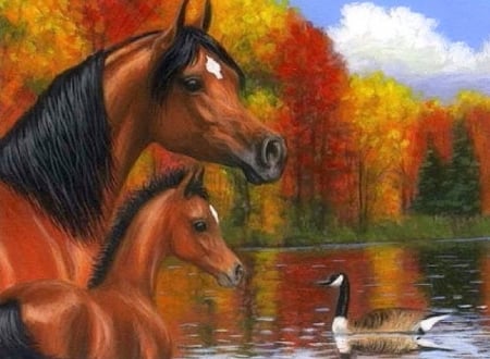 Autumn Lake - duck, autumn, draw and paint, animals, horses, lakes, love four seasons, fall, family, paintings