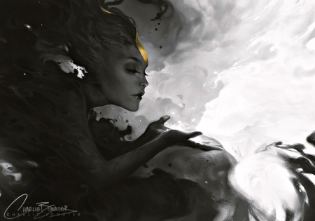 Phosphorescent - woman, girl, charlie-bowater, bw, black, fantasy, white, art, creature, phosphorescent