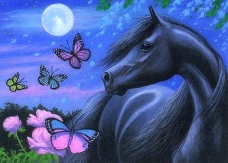 Moonlight Black Horse - horses, love four seasons, animals, draw and paint, butterfly designs, paintings, black, moons