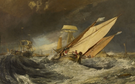 Fishing Boats entering the Harbor of Calais - fishing boats entering the harbor of calais, painting, ship, art, william turner, pictura, sea, storm