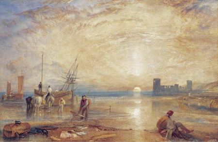 North Wales - people, blue, beach, sea, sunrise, morning, orange, man, william turner, north wales, flint castle, pictura, sunset, mist, art