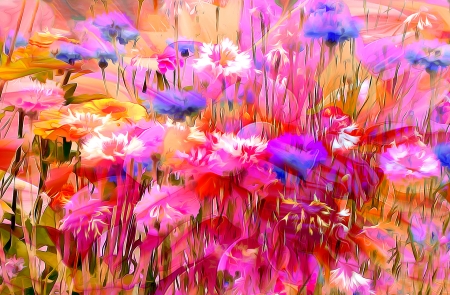 Flowers - summer, field, poster, painting, art, purple, yellow, blue, pink, pictura, flower