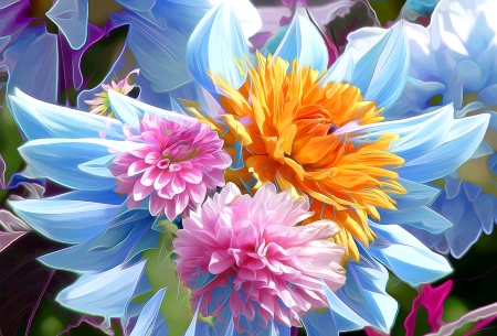 Flowers - painting, art, pink, blue, orange, pictura, flower, poster