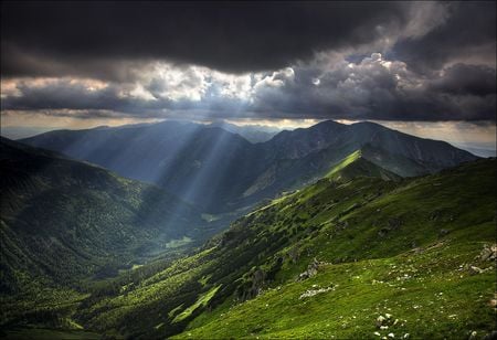 Sunbeams - dark clouds, mountains, sunbeams