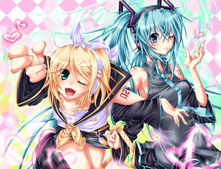 Miku and Rin - miku, anime girl, rin, vocaloid