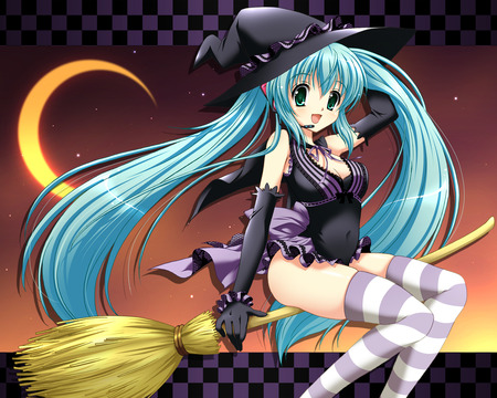 Miku Hatsune as a Witch - witch, moon, vocaloid, anime girl, broom, miku