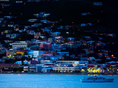 Port at Phillipsburg, St. Maarten - night fall, port, ocean, houses, mountain