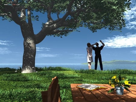 Beside the lake - romantic, lake, couple, picnic table, tree