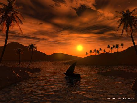 Sailing Away - sunset, sailboat, palm trees, island, orange sky