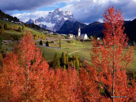 Snow on the mountains - houses, orange leafage, snow, winter, field, mountains