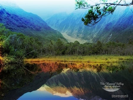 The Emana Valley - lake, mountains, valley, art, reflection