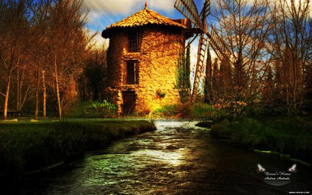 Windmill - art, windmill, forest, river