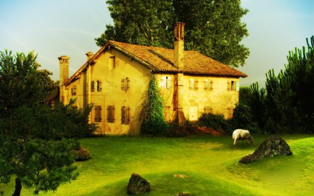 HOME SWEET HOME - house, trees, manipulation, landscape, photo, home, animal, nature, digital, field