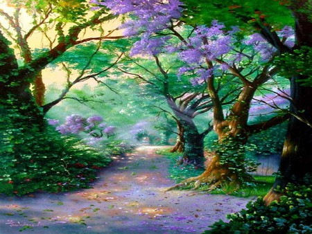 THE WAY HOME - purple, trees, forest, green, flowers, path