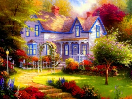 Paradise cottage - alley, beautiful, flowers, cottage, house, paradise, colorful