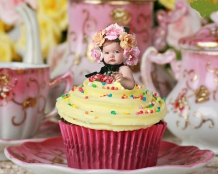 Sweet Girl on Cake - flowers, girl, cake, sweet