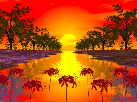 Colorful Sunset - lake, fantasy, clouds, flowers, trees, sunset, art