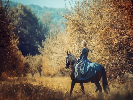 What the Wind Whispers - women, sunlight, trees, autumn, beauty, riding, horse, sky