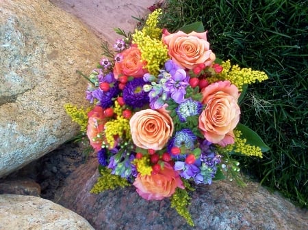 Flower Bouquet - blossoms, roses, lilies, pink, petals, colors, blue