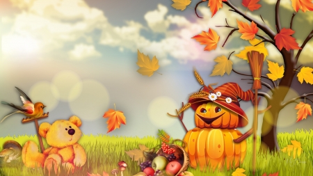 Teddy and Scarecrow - scarecrow, sky, autumn, pumpkin, field, bird, fall, harvest, leaves, firefox pesona theme, teddy bear