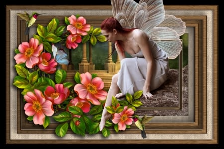 FLOWER FAIRY - butterfly, female, hummingbirds, wings, flowers, fairy