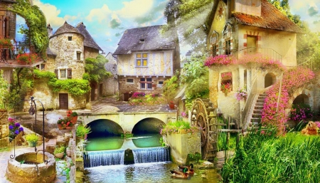 Fairytale village - village, fairytale, houses, peaceful, beautiful, river, bridge