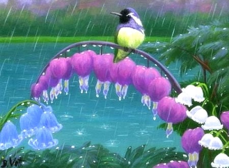 Little Bird in Rainy - flowers, birds, cute, rainy season, lovely, love four seasons, draw and paint, animals