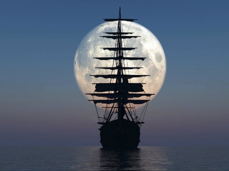 Sailboat in the background of the Moon - moon, nature, sky, sailboat