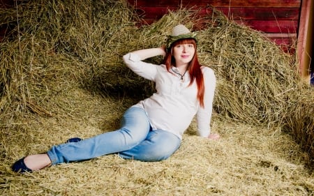 Hay Rolling - girls, women, style, fun, models, redhead, hay, female, fashion, cowgirls, hats, western, ranch, barns