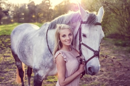 A Wonderful Friendship - cowgirl, trees, female, woman, blonde, dirt, horse