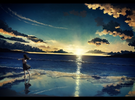 Girl on the Beach - nature, beach, reflection, girl, clouds, sunrise