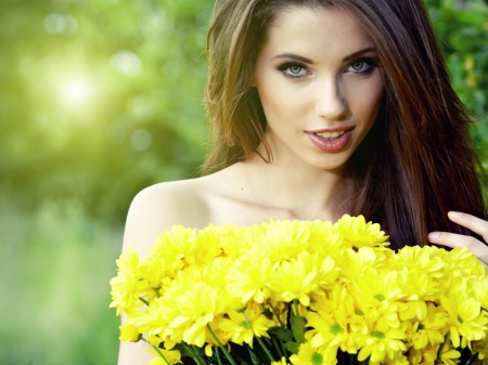 flowers - nice, flowers, bouquet, yellow, girl