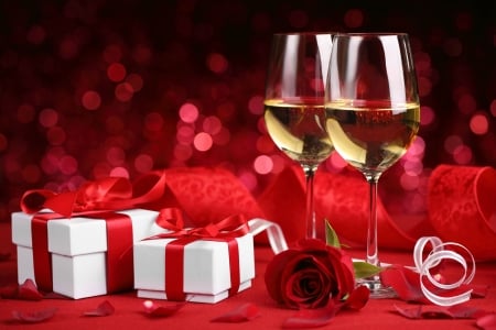 Love and Romance - bows, glasses, champagne, ribbons, rose, valentines, presents, petals, valentines day, ribbon, gifts