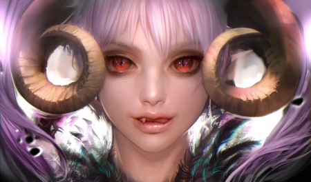 Beautiful Demon - pretty, anime, female, horns, art, purple hair, gril, abstract, beautiful, beauty, sweet, red eyes, fantasy, lady, woman, cute, demon