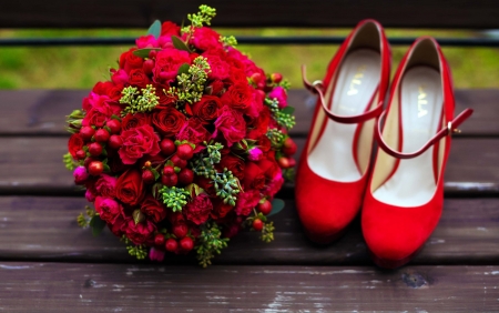 Wedding Time - wedding, shoes, bouquet, red