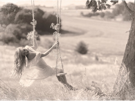 :) - summer, beauty, model, black and white, girl, lady, photography, field, swing, woman