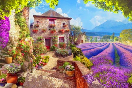 Lavender countryside - houses, peaceful, countryside, summer, picturesque, field, provence, lavener, mill, fantasy, cottages, village, art, beautiful