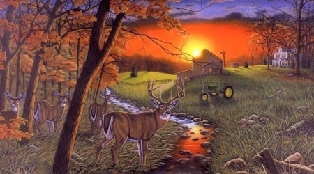 Stepping Out in Autumn - attractions in dreams, streams, autumn, draw and paint, animals, deer, love four seasons, fall, paintings, farms