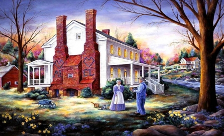 Home of the Heart - People, Old Days, Flowers, Beautiful, Painting, House