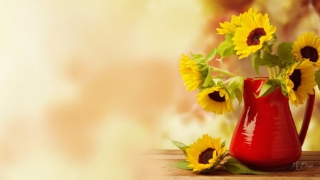 Bouquet of Sunflowers - flowers, vase, sunflowers, summer, autumn, bright, bouquet, still life