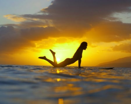 Surfing - surf, sunset, woman, shadow