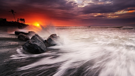 magical bali beach at sunset - surf, rocks, clouds, beach, sunset, sea, waves