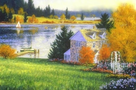 Autumn Lake House - attractions in dreams, houses, autumn, trees, nature, lakes, love four seasons, lawn, home, paintings, colors, fall season