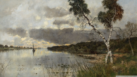 classic painting - tree, grass, boat, river